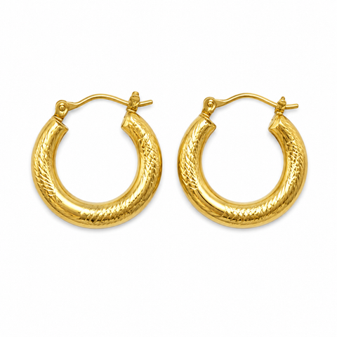 18K Yellow Gold Plated Crosshatch Textured Hoop Earrings