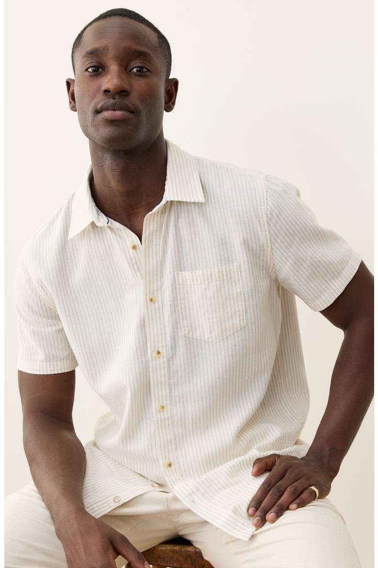 Better-Than-Linen Stripe Short Sleeve Button-Up Shirt, Alternate, color, TAN/ WHITE STRIPE
