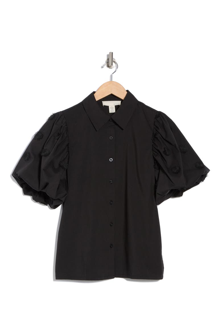 Jayla Embroidered Puff Sleeve Button-Up Shirt, Alternate, color, BLACK