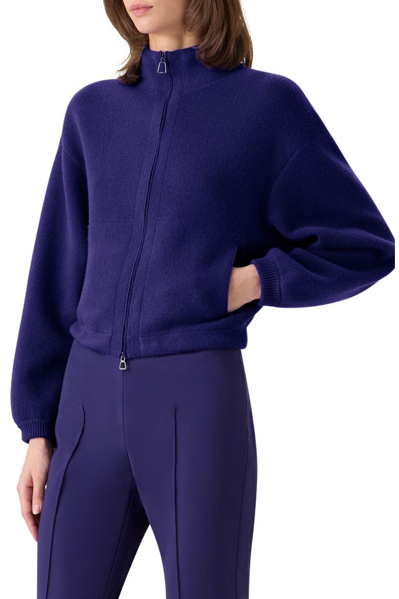 Cashmere Piqué Crop Zip-Up Cardigan, Alternate, color, DARK PURPLE
