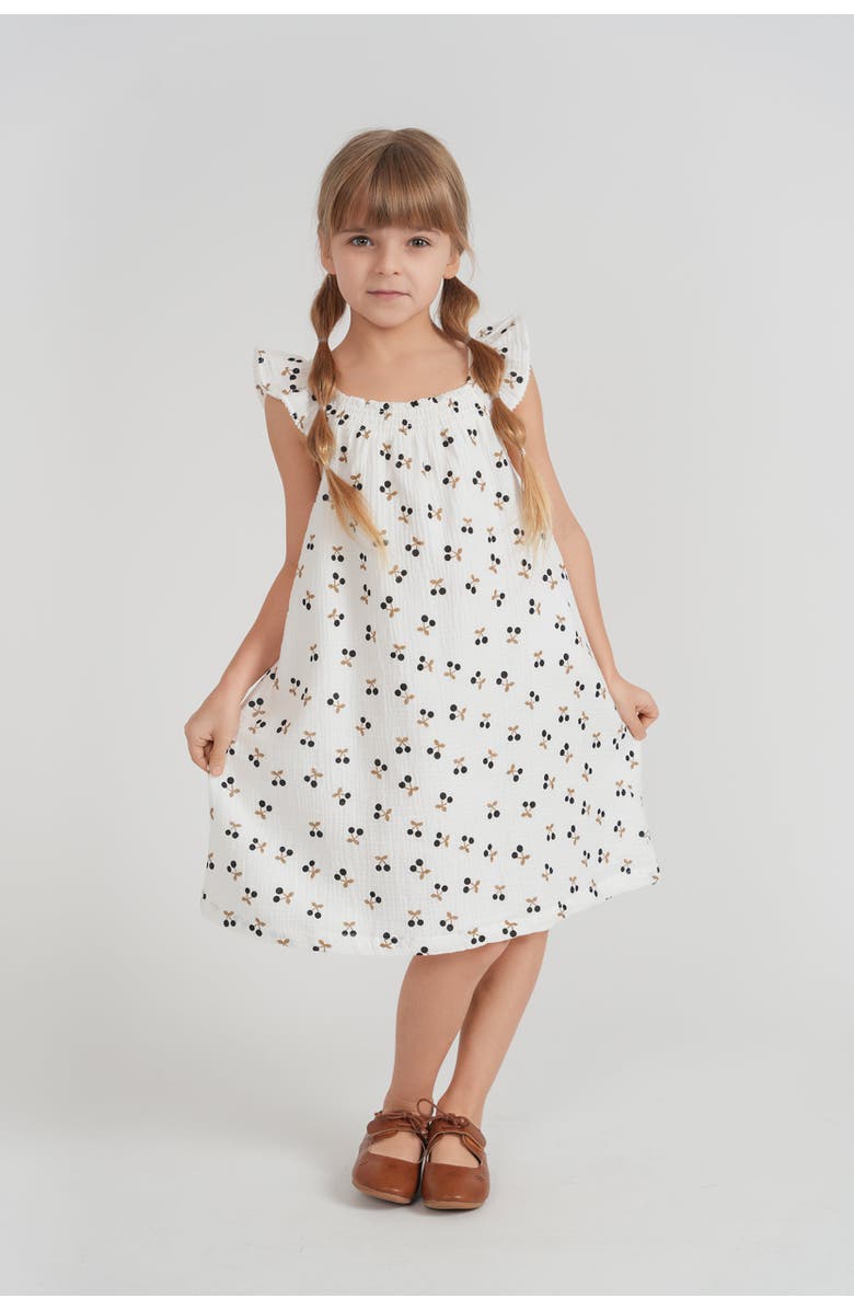 Little Fragile Crinkle Woven Cherry Ruffle Strap Jumper Dress, Alternate, color, White