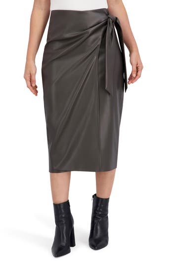 Ookie & Lala Supersoft Faux Leather Side Tie Midi Skirt In Green