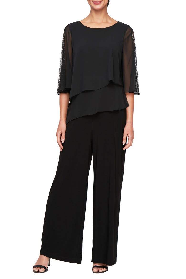Tiered Capelet Jumpsuit, Main, color, BLACK