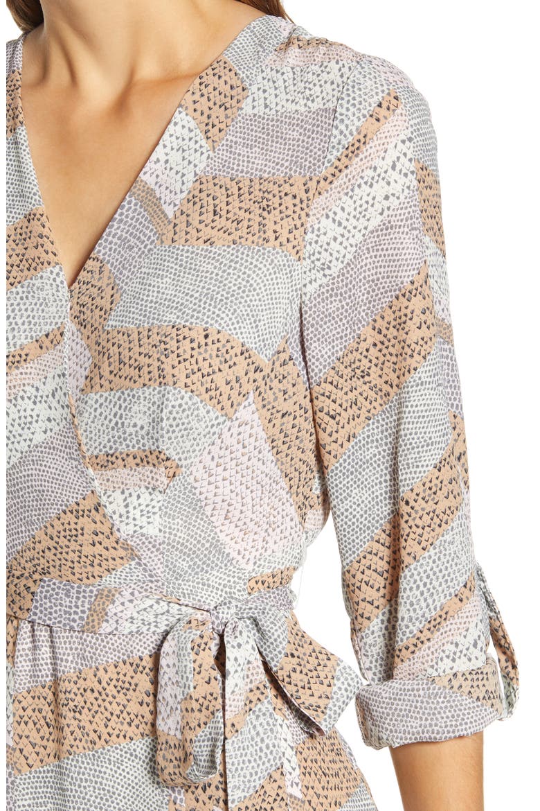 Print Long Sleeve Roll-Tab Faux Wrap Dress, Alternate, color, SNAKE PRINT