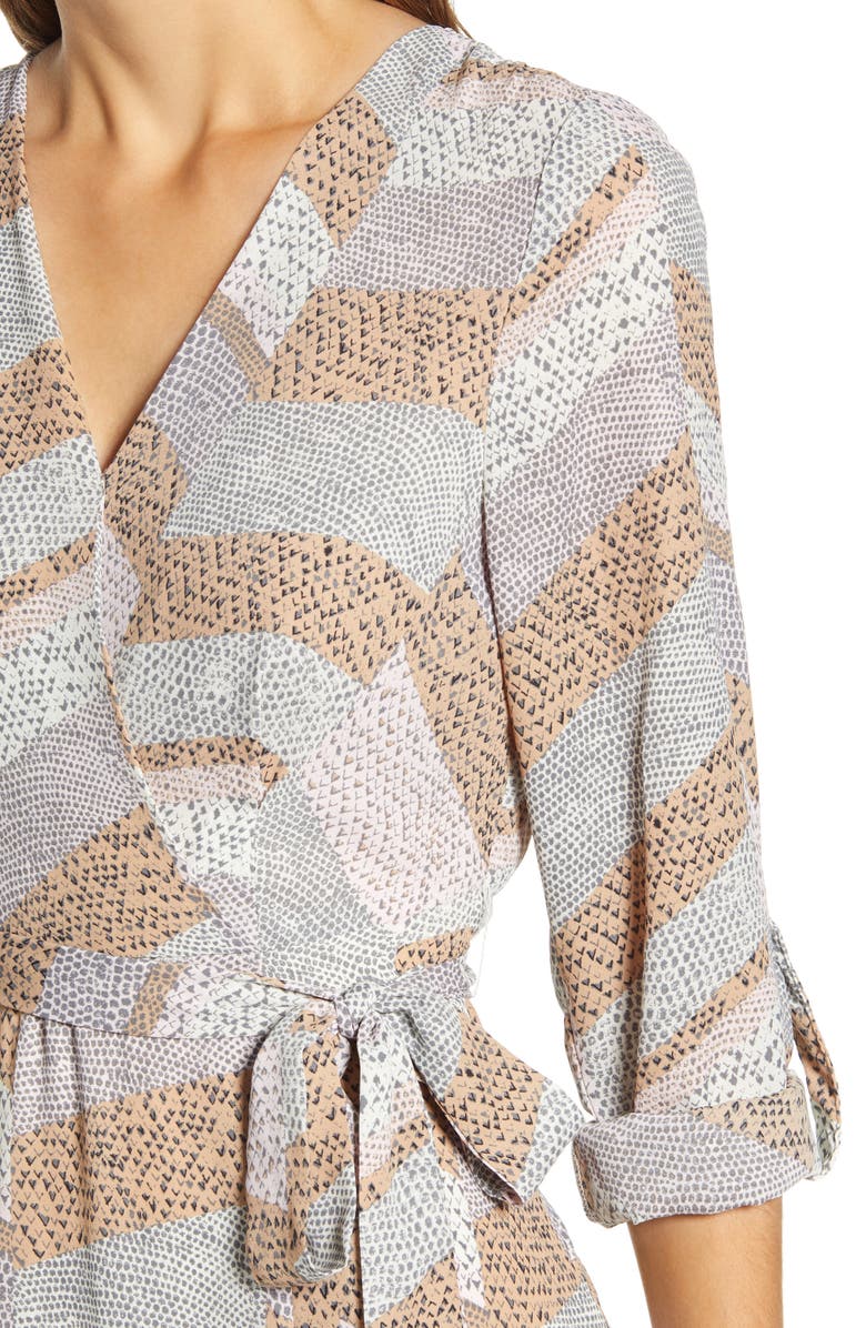 Bobeau Print Long Sleeve Roll-Tab Faux Wrap Dress, Alternate, color,