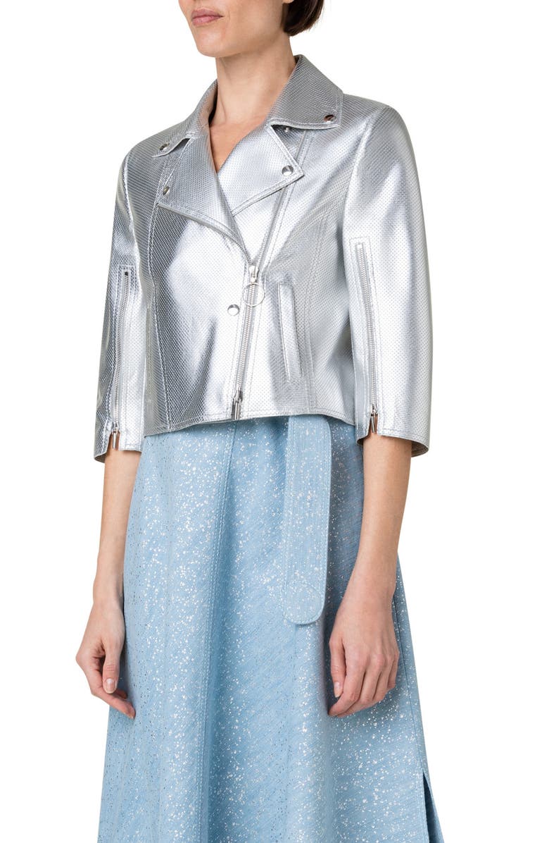 Akris punto Pin Dot Perforated Metallic Lambskin Leather Biker Jacket, Alternate, color,