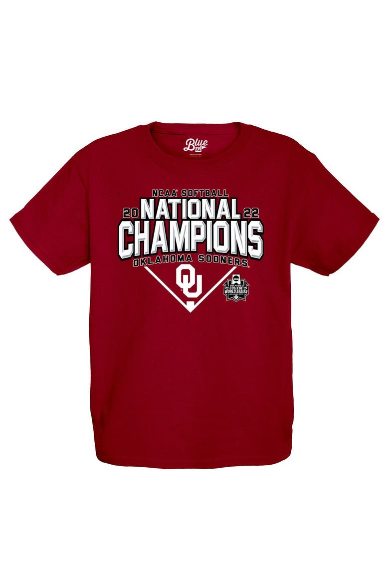 Youth Blue 84 Crimson Oklahoma Sooners 2022 NCAA Softball Women's College World Series Champions Base Path Schedule T-Shirt, Alternate, color, Crimson