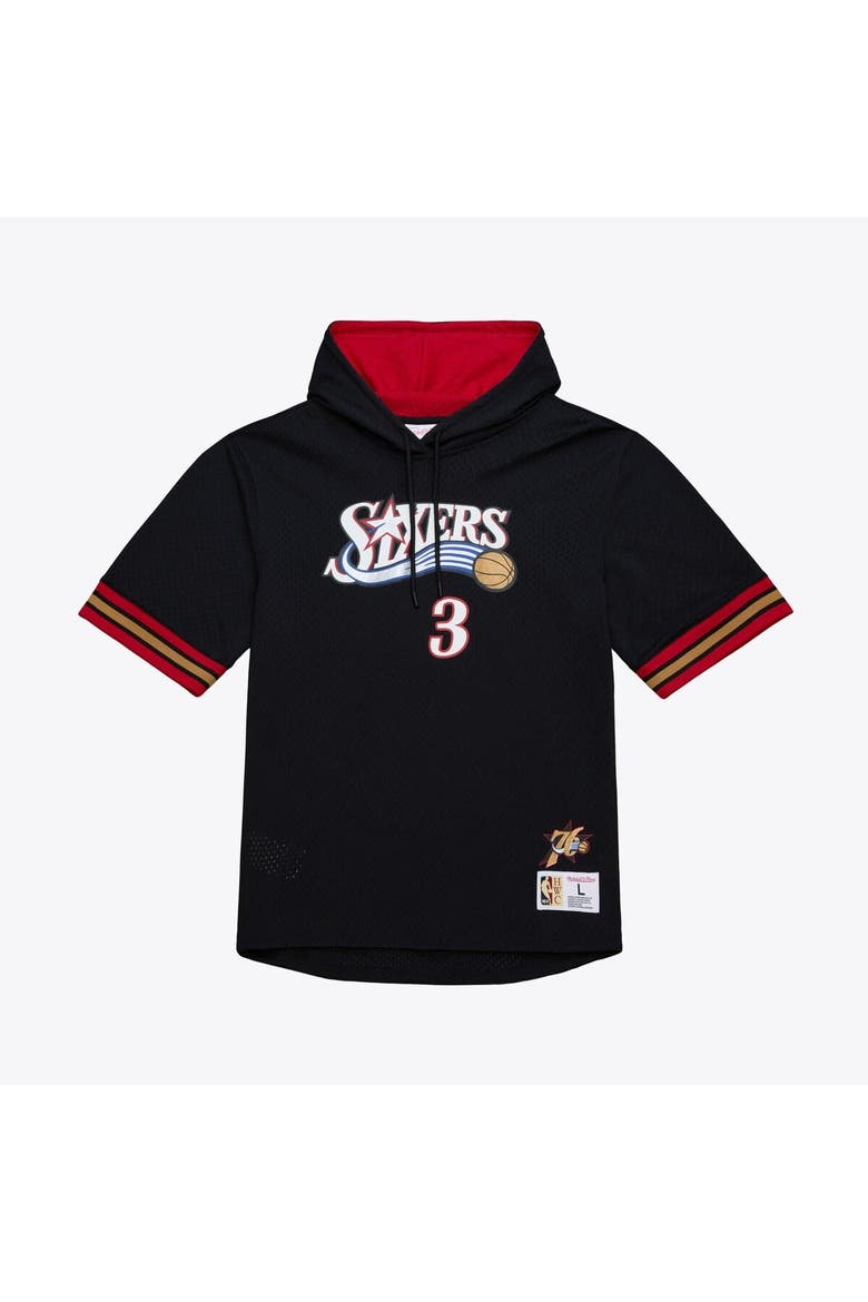 Men's Mitchell & Ness Allen Iverson Black Philadelphia 76ers Mesh Name & Number Short Sleeve Hoodie, Main, color, Black