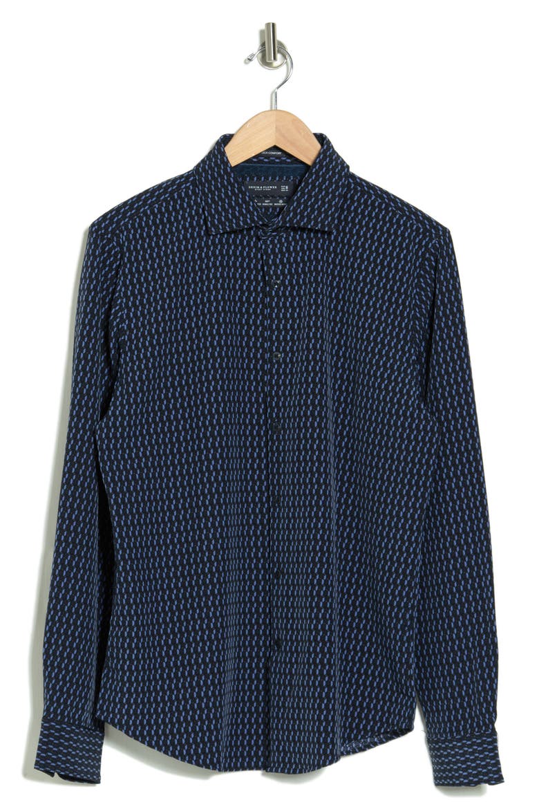Geo Print Stretch Button-Down Shirt, Alternate, color, BLACK