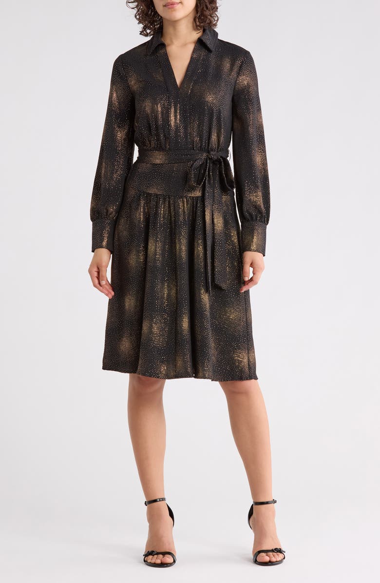 Calvin Klein Long Sleeve Foil Dot Chiffon Dress, Main, color, Black/ Gold