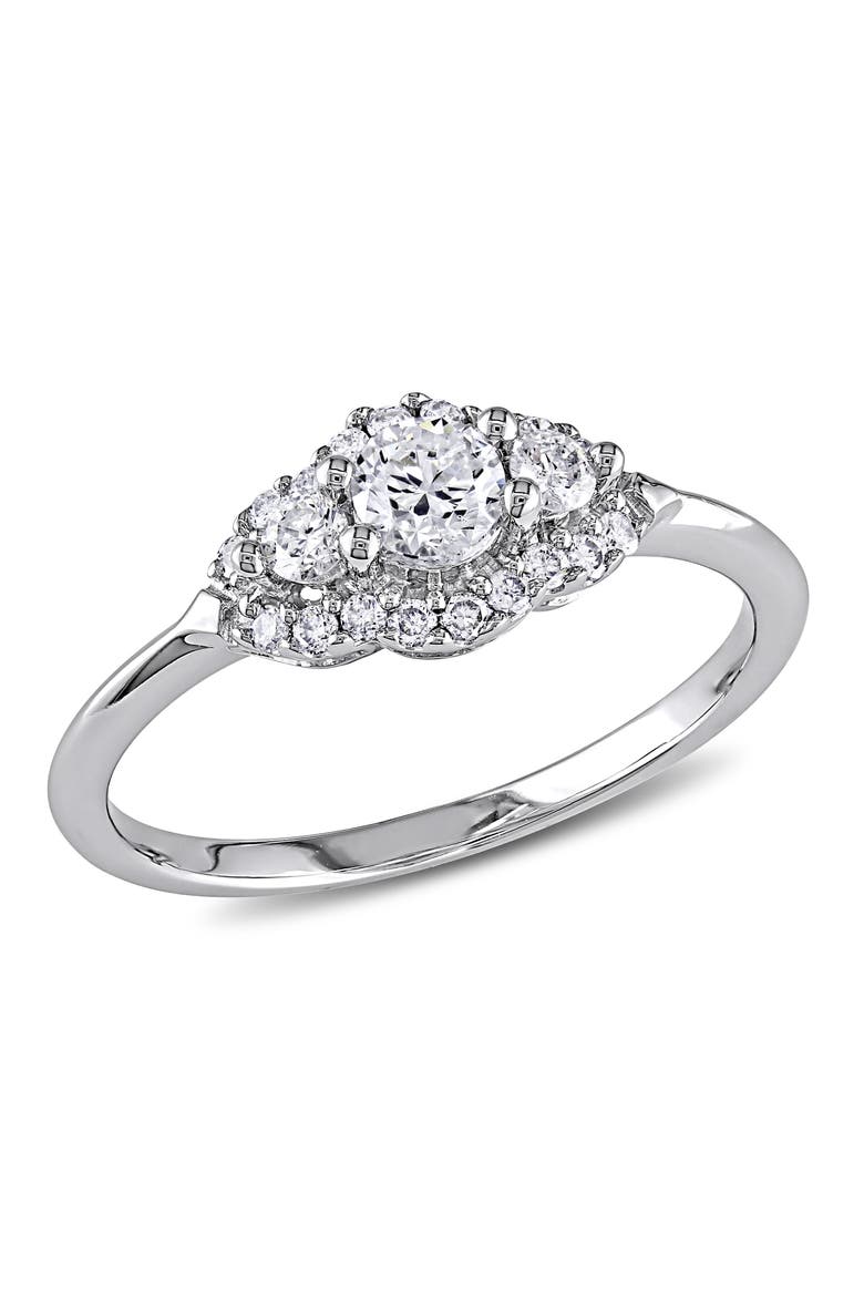 Diamond 3-Stone Halo Ring 14k, Main, color, 14k White Gold