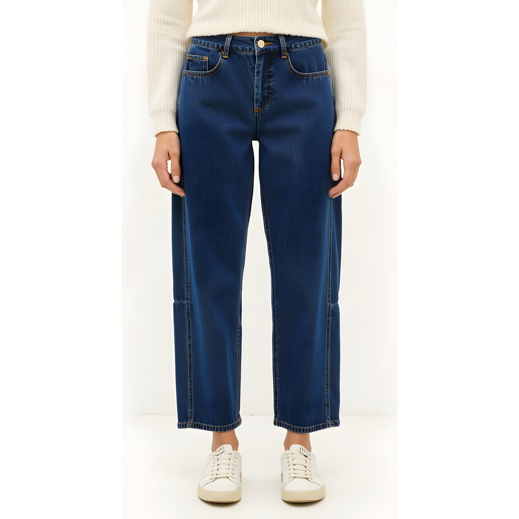 Modenaire Barrel Leg Denim Pants with Contrast Seams, High Waist and Pockets in Dark Blue  product