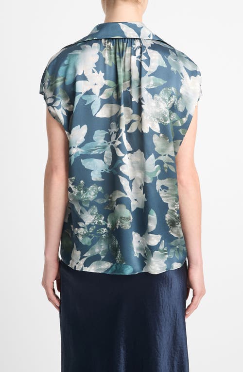 Vince Silk Shimmer Lake Ruched-back Cap-sleeve Blouse In Deep Sea