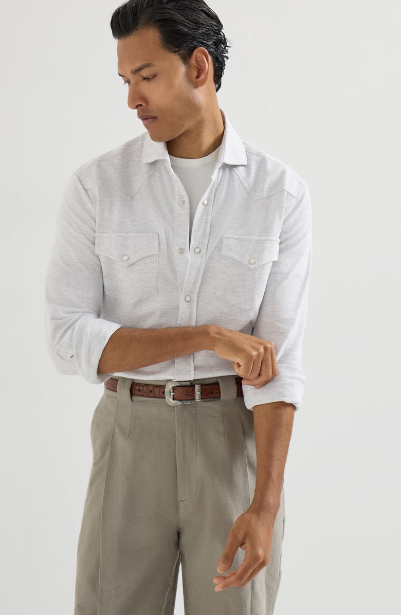 Brunello Cucinelli Easy-fit shirt with shoulder yoke, Alternate, color, Pebble