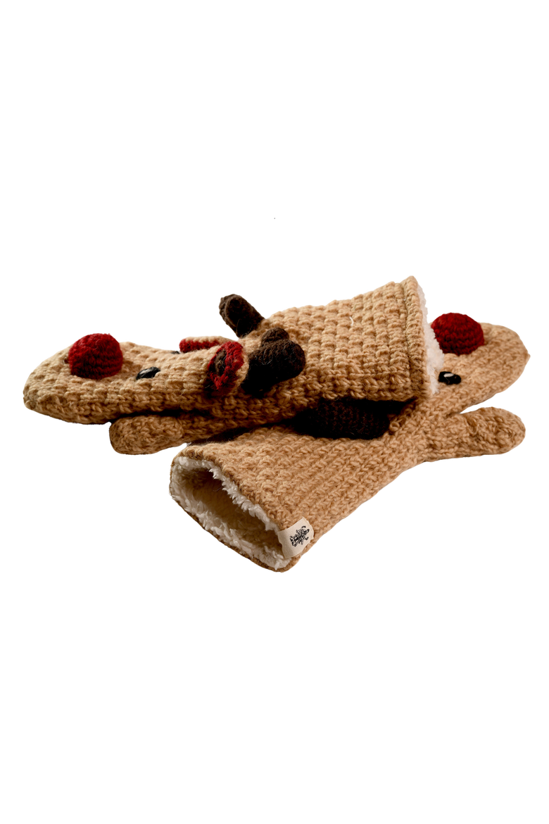 Crochet Reindeer Mittens, Alternate, color, Brown
