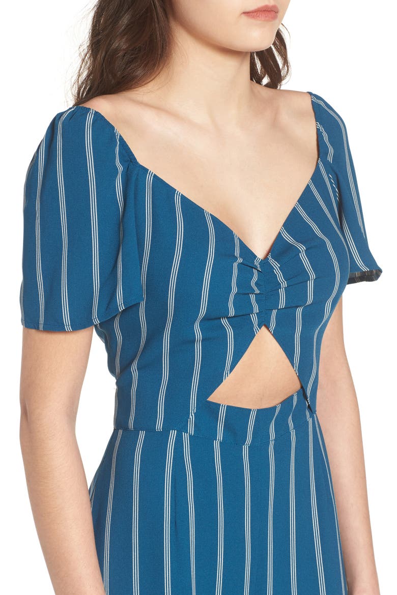 Cutout Culotte Jumpsuit, Alternate, color, TEAL SEAGATE PINSTRIPE