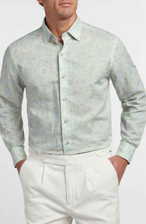 Paisley Long Sleeve Linen & Pima Cotton Button-Up Shirt
