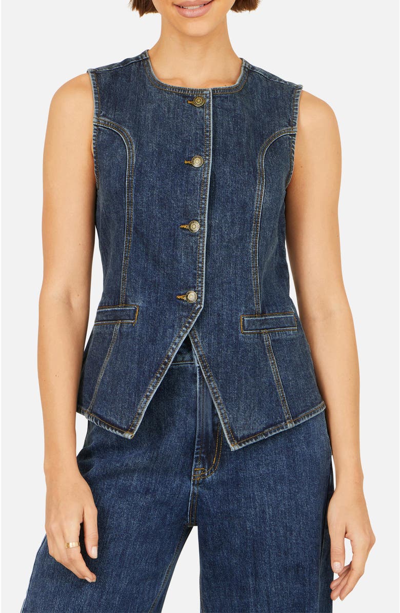 Yumi Stretch Long Denim Waistcoat, Alternate, color, Blue