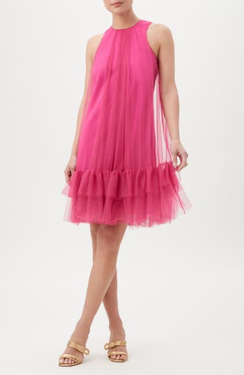 Trina Trina Turk Otaku Ruffled Tulle Overlay Trapeze Dress In Fumiko Fuchsia