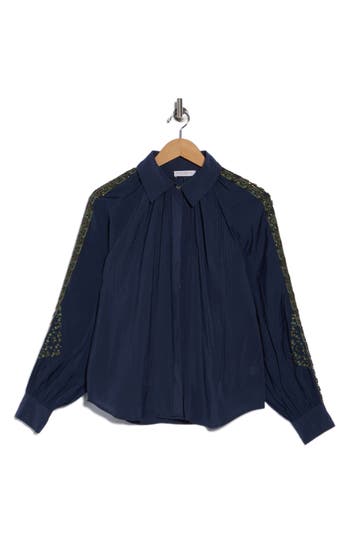 Ramy Brook Dorothy Beaded Embroidered Button-up Shirt In Blue