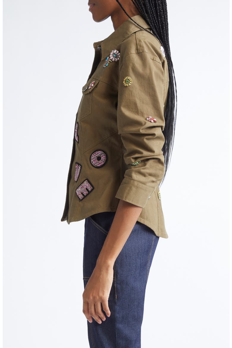 Love Appliqué Ruched Sleeve Jacket, Alternate, color, DARK OLIVE/ MULTI
