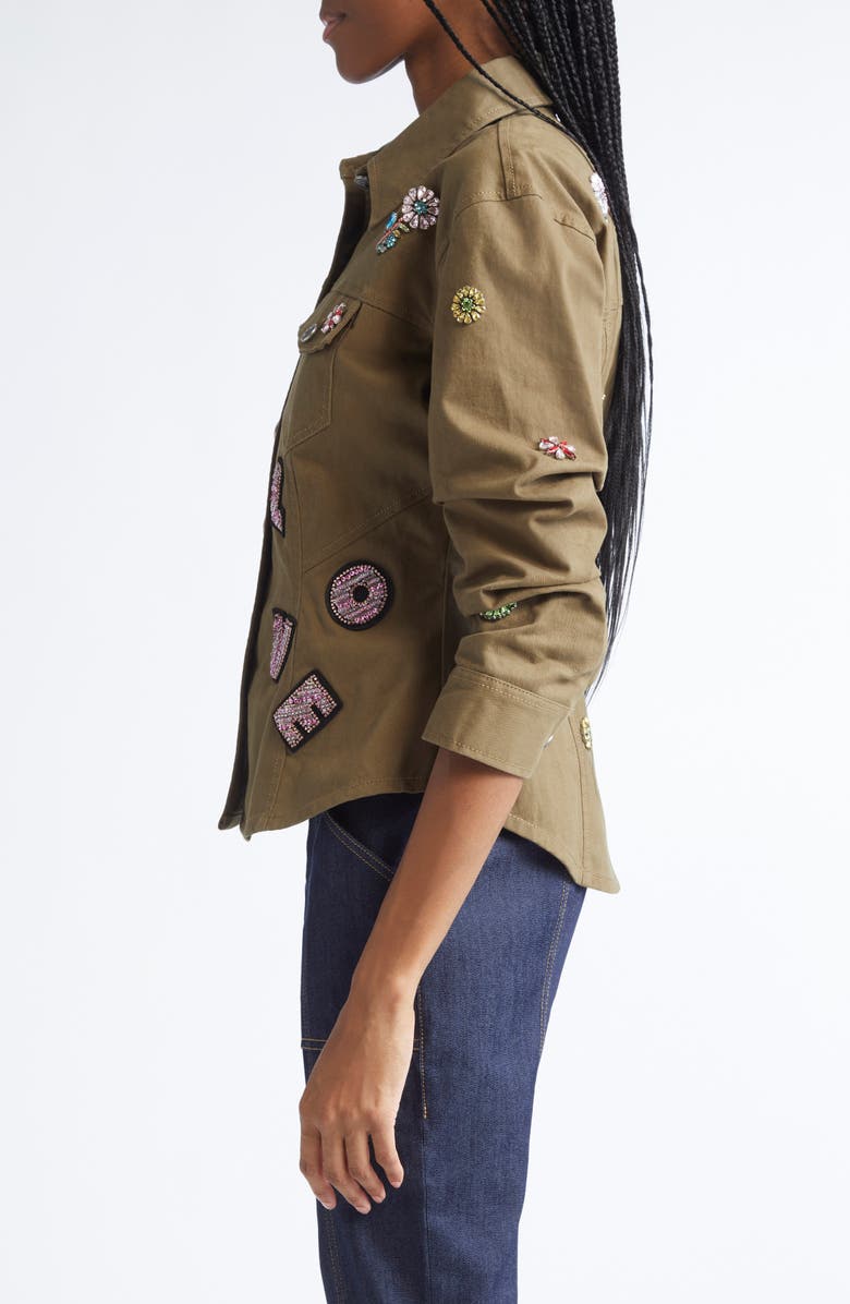 Cinq à Sept Love Appliqué Ruched Sleeve Jacket, Alternate, color, Dark Olive/ Multi