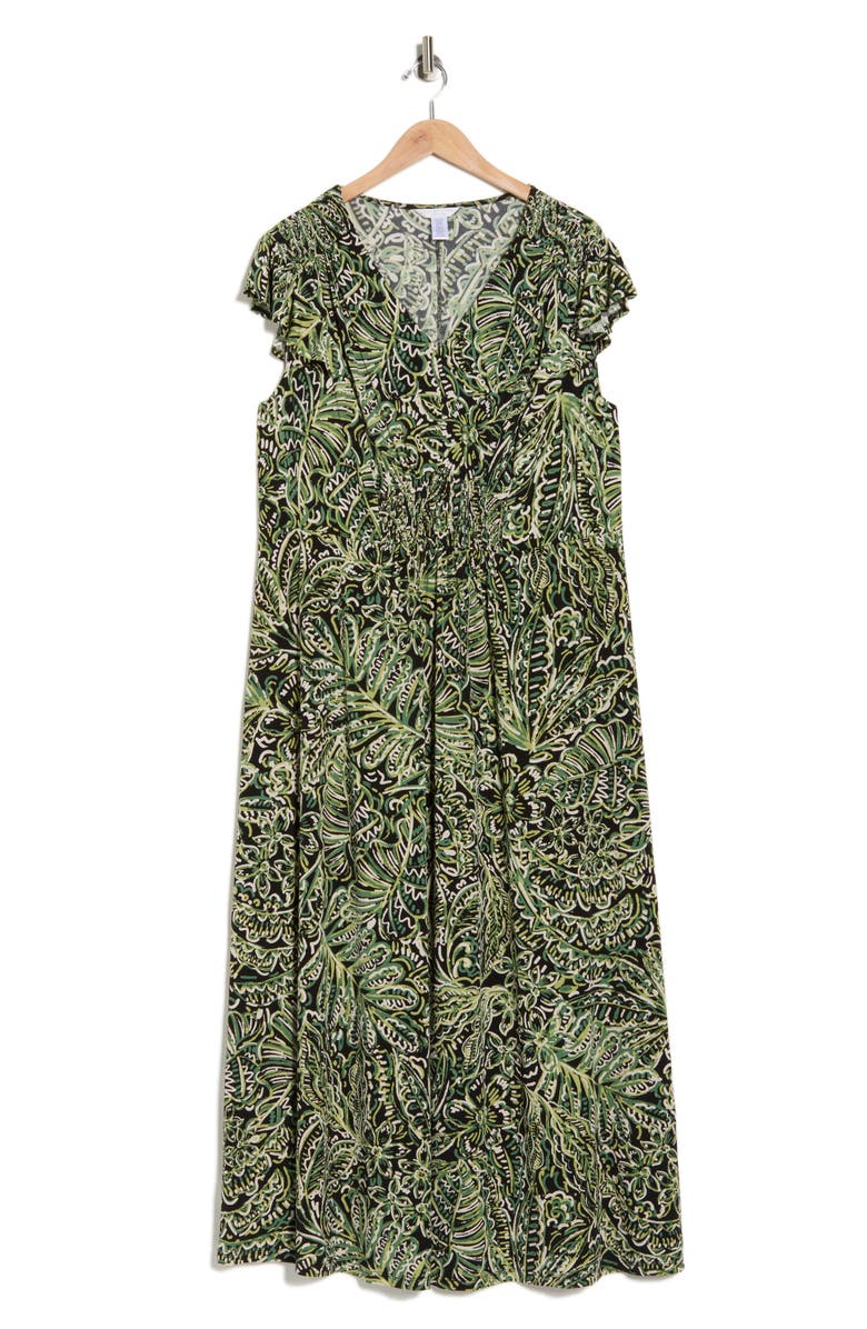 London Times V-Neck Flutter Sleeve Maxi Dress, Alternate, color, Black/ Green