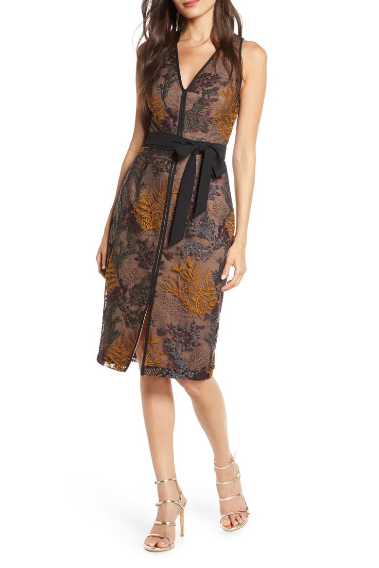 Embroidered Cocktail Sheath Dress, Main, color, MUSTARD/ GREEN