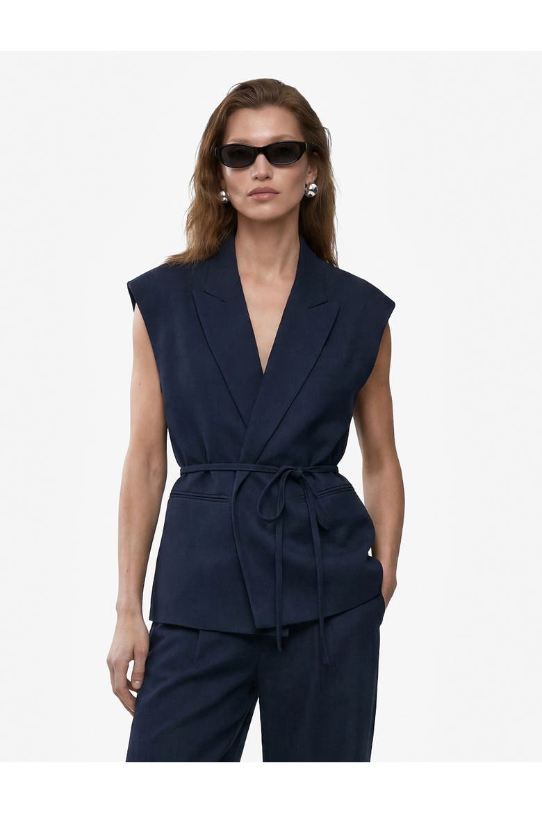 Sleeveless Striped Blazer Vests with Belted, Alternate, color, NAVY BLUE