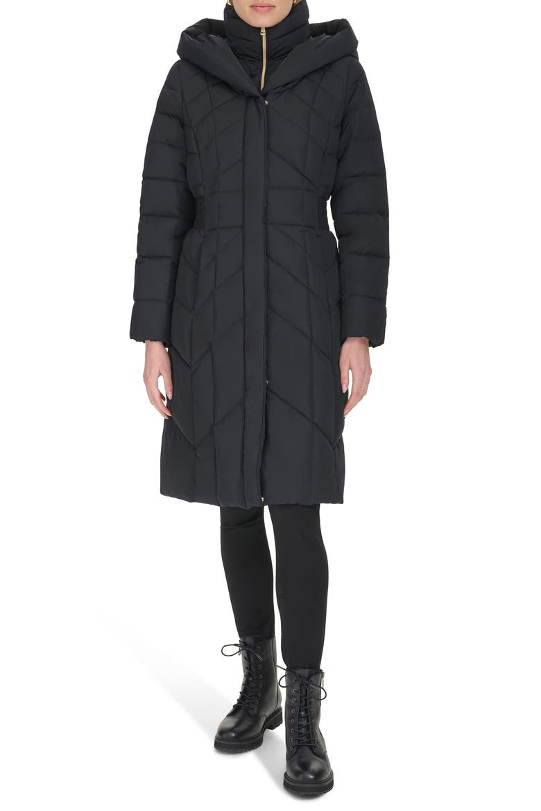 Taffeta Puffer Coat with Quilted Zip Bib, Main, color, BLACK