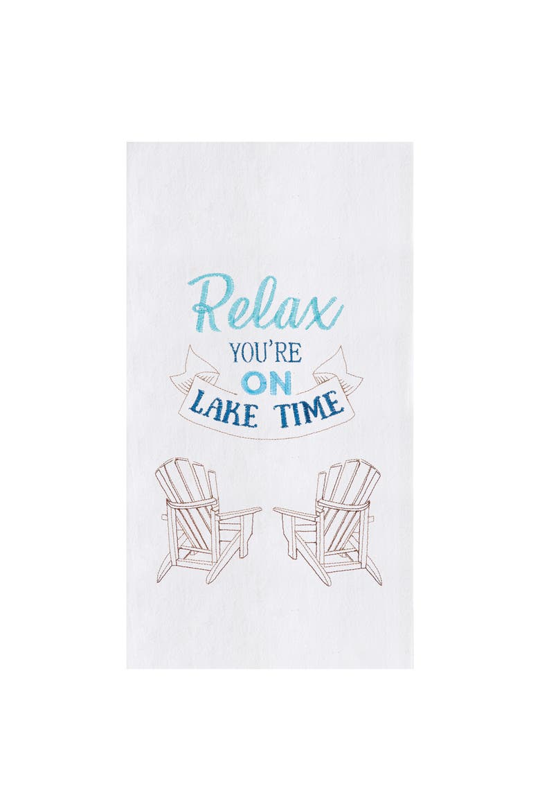 Relax Lake Time Embroidered Flour Sack Cotton Kitchen Towel, Main, color, White