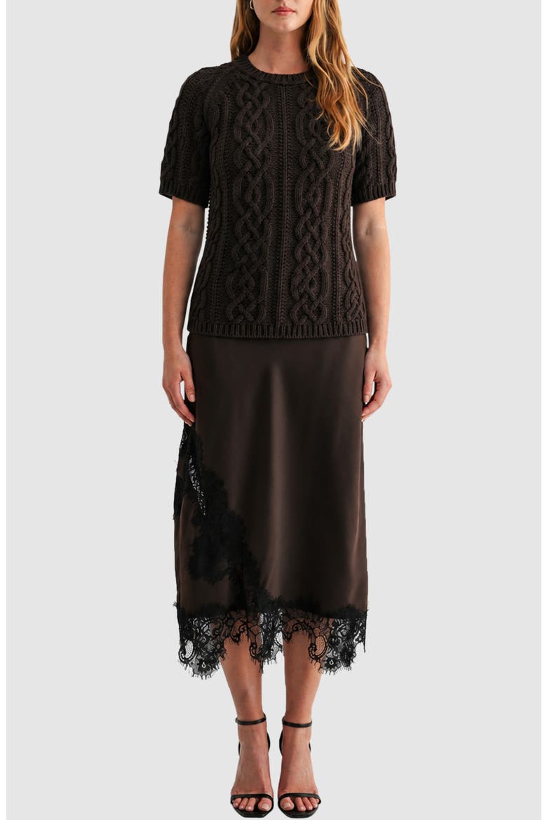 Cable Knit Short Sleeve Sweater, Alternate, color, DARK BROWN