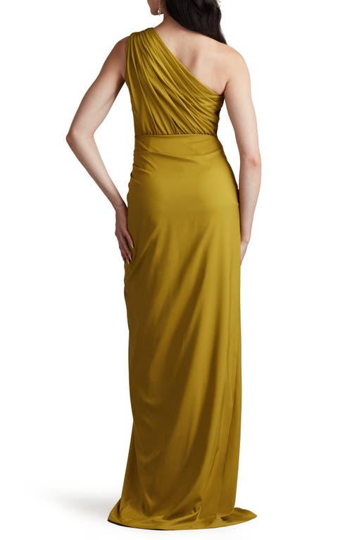 Tadashi Shoji One-shoulder Side Ruffle Gown In Gold