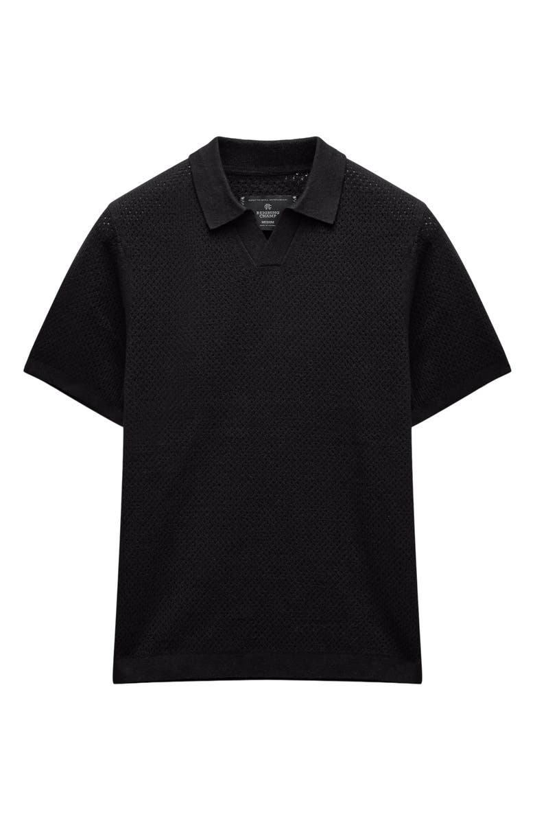 Reigning Champ Victor Johnny Collar Cotton & Linen Mesh Stitch Polo Sweater, Alternate, color, Black