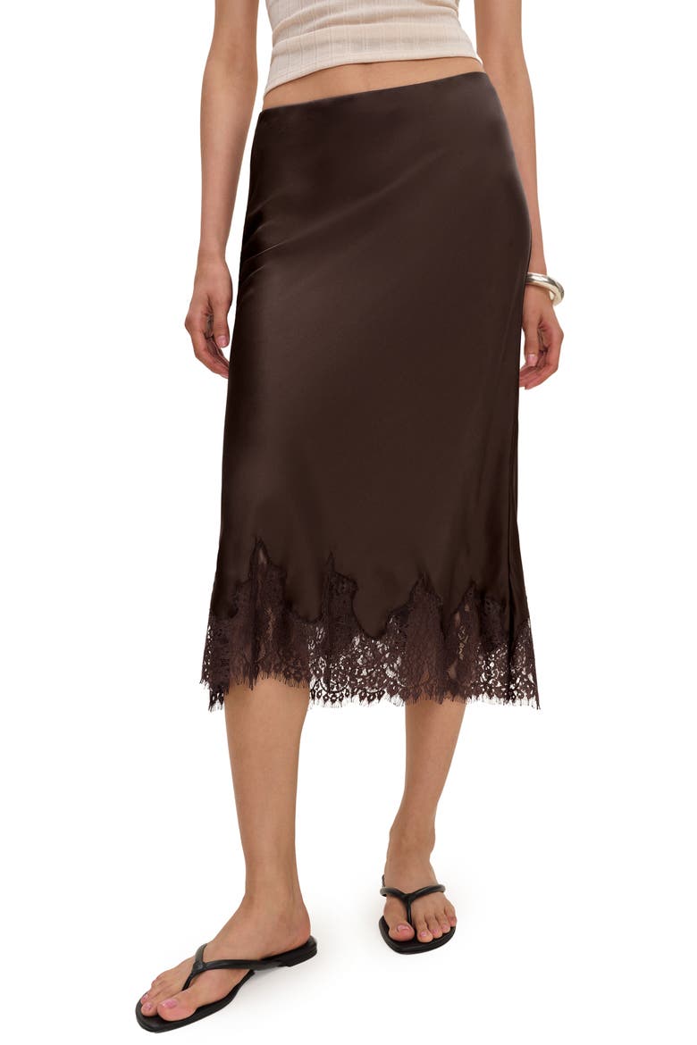 Carolina Lace Trim Silk Midi Skirt, Main, color, BLACK BEAN