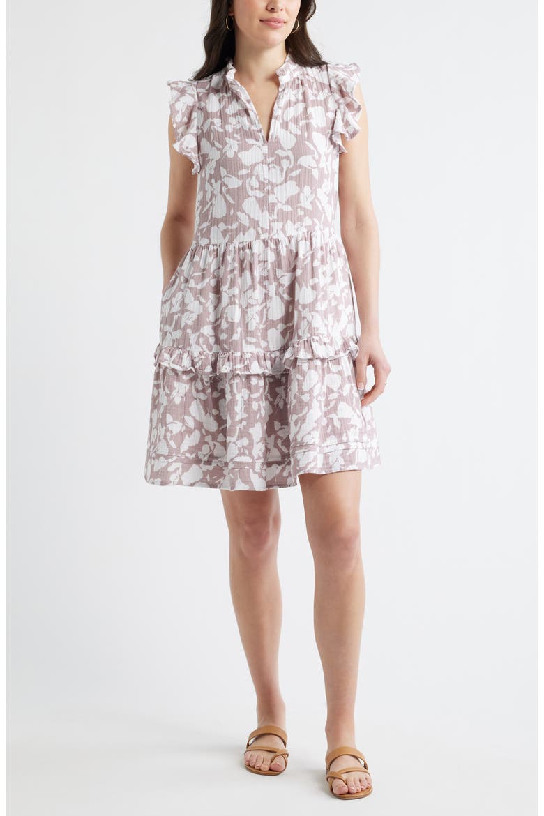 Floral Ruffle Gauze Dress, Main, color, PURPLE HERON SHADOWED TROPIC