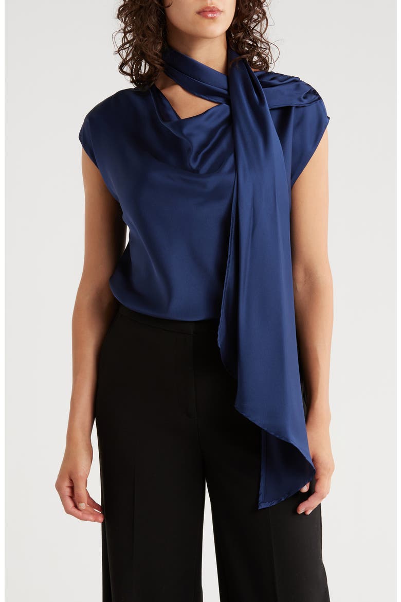 Cap Sleeve Satin Top with Scarf, Main, color, NAVY
