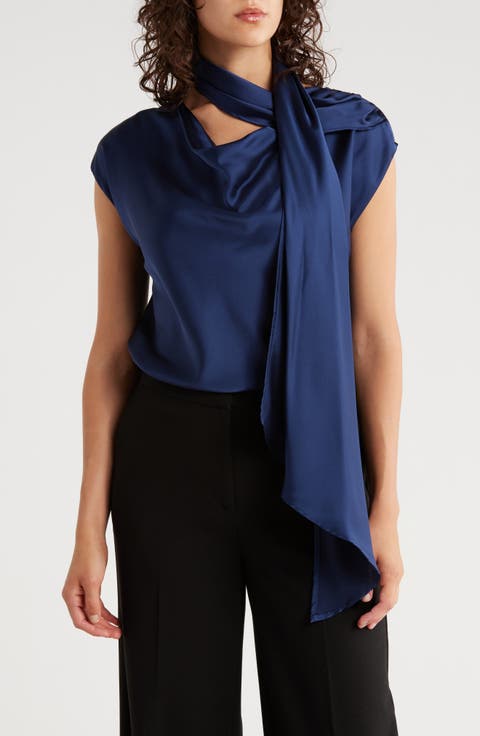 Cap Sleeve Satin Top with Scarf