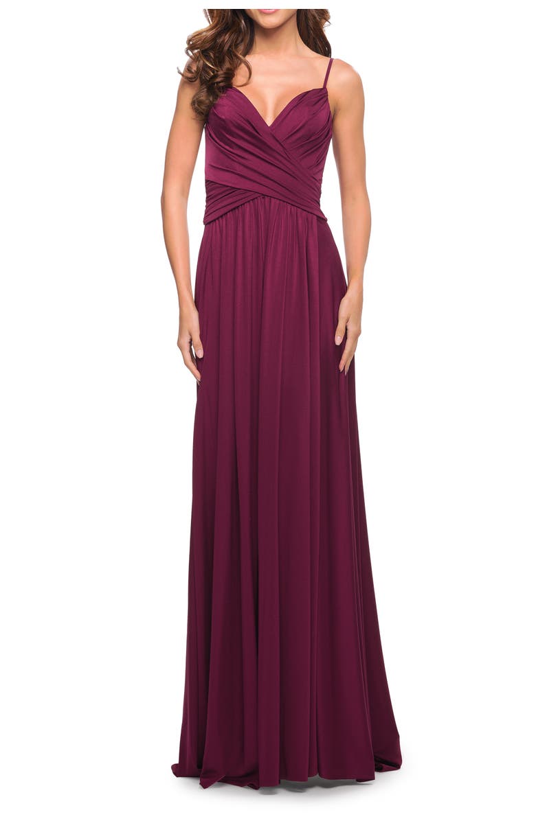 La Femme Elegant Criss-Cross Ruched Bodice Jersey Dress, Main, color, Dark Berry