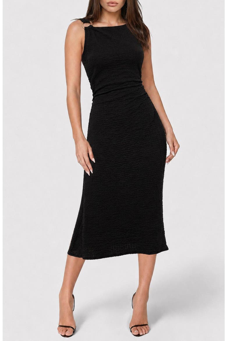 Waffle Crepe Shirred Maxi Dress, Main, color, BLACK