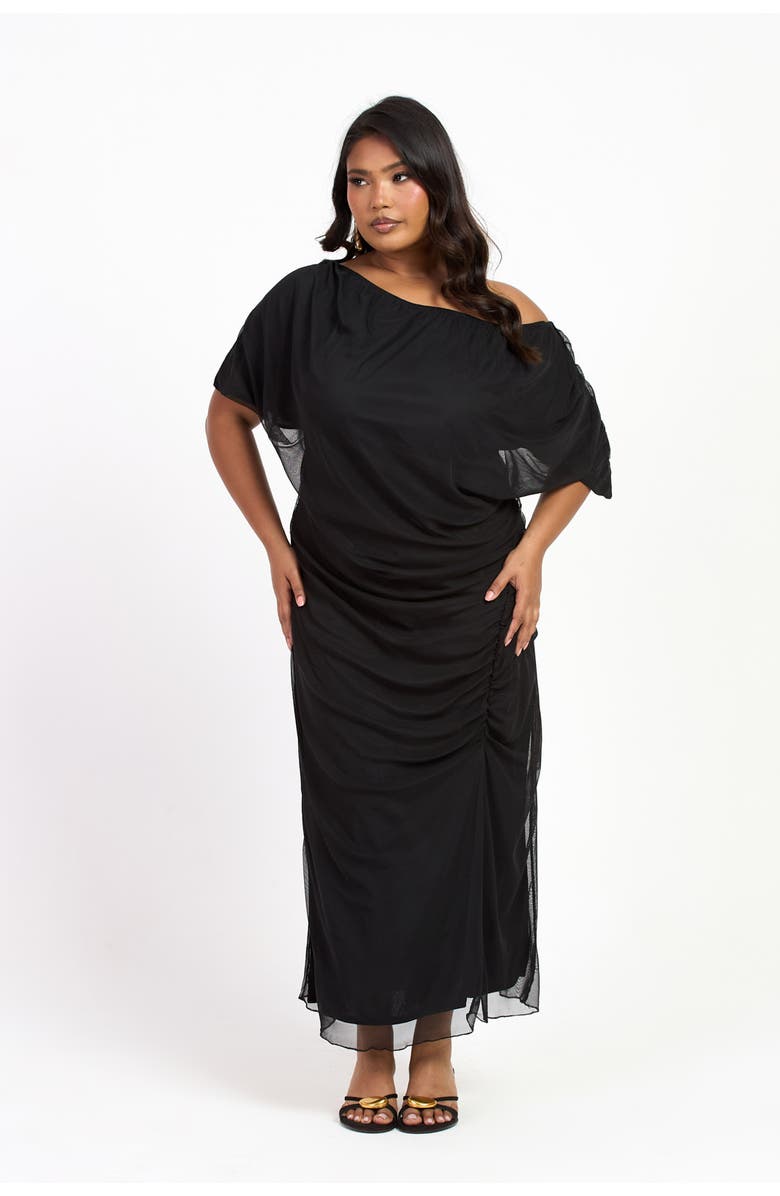 FASHION-SZN CURVE Drop Shoulder Ruched Mesh Midaxi Dress, Alternate, color, Black