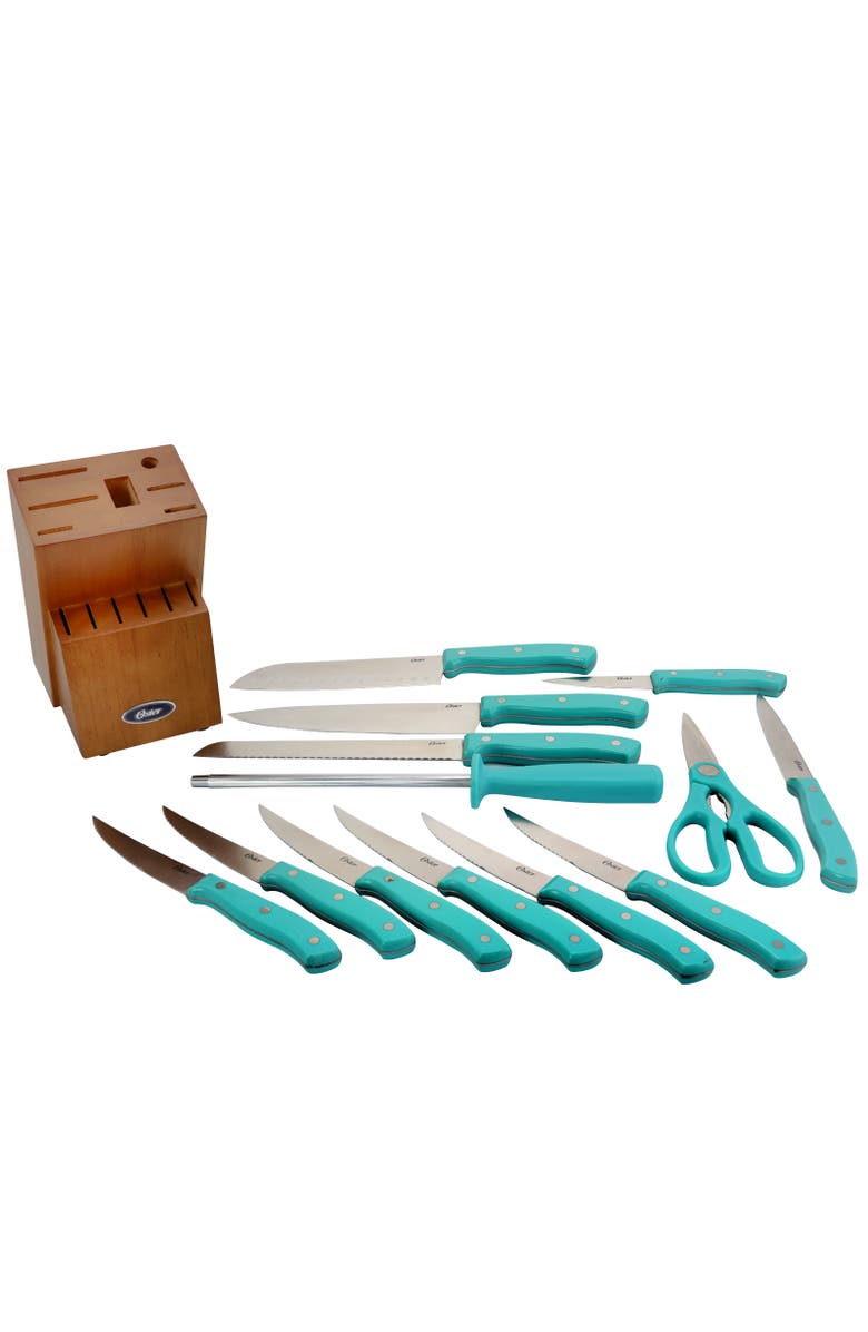 OSTER Evansville 14 Piece Stainless Steel Blade Cutlery Set with Plastic Handles, Alternate, color, Blue