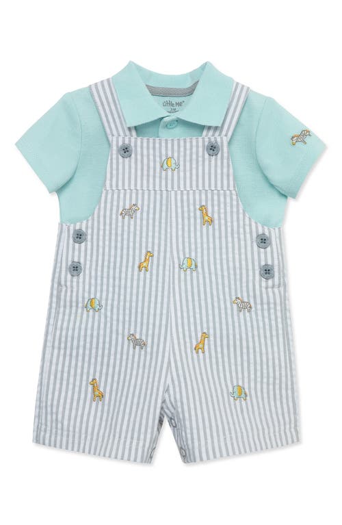 Shop Little Me Safari Cotton Polo & Seersucker Overalls Set In Grey