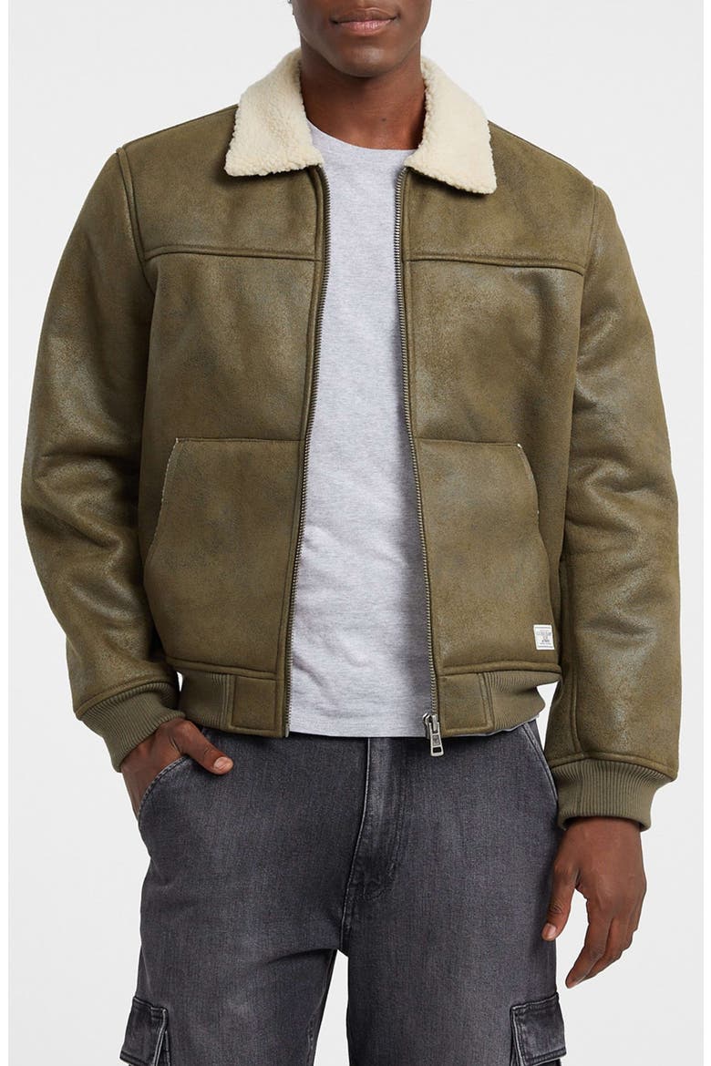 Faux Leather & Faux Shearling Bomber Jacket, Main, color, GREEN