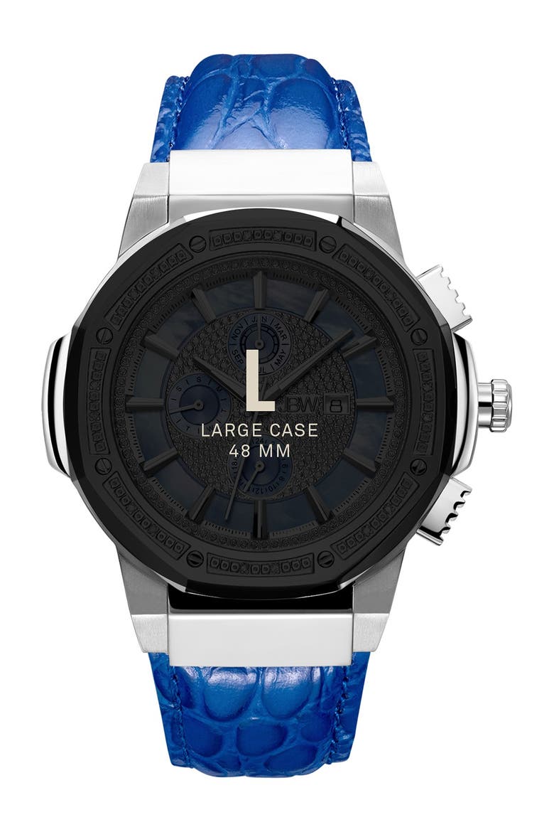 Men's Saxon Diamond Croc Embossed Leather Strap Watch, 48mm - 0.16 ctw, Alternate, color, SILVER