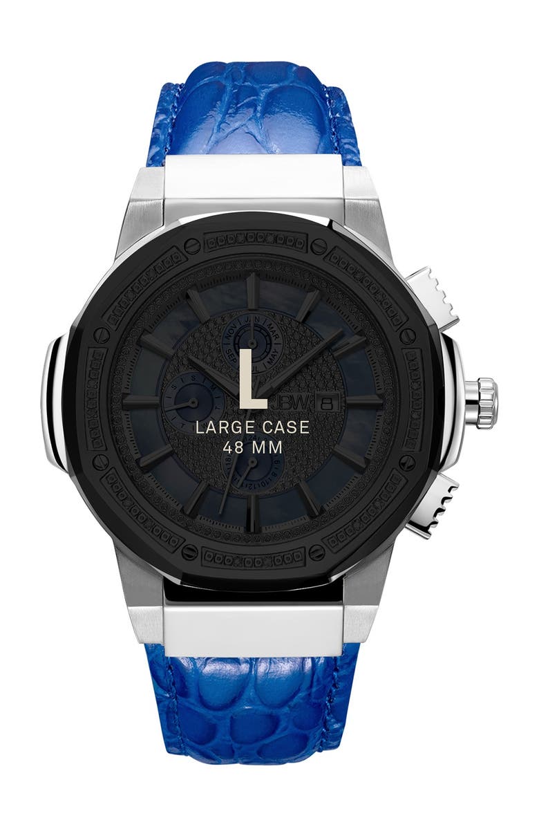 JBW Men's Saxon Diamond Croc Embossed Leather Strap Watch, 48mm - 0.16 ctw, Alternate, color, Silver