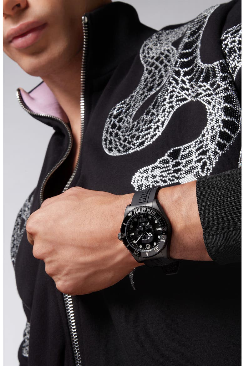 The $kull Carbon Fiber Dial Silicone Strap Watch, 44mm, Alternate, color, IP BLACK