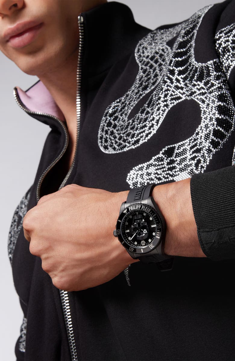 PHILIPP PLEIN The $kull Carbon Fiber Dial Silicone Strap Watch, 44mm, Alternate, color,