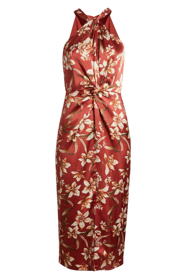 Floral Center Twist Sheath Midi Dress, Alternate, color, RUST