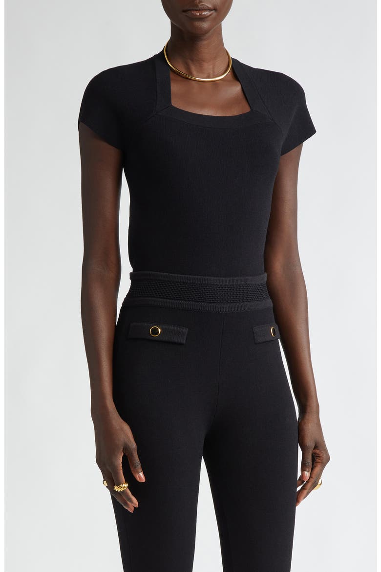 Interlock Knit Short Sleeve Sweater, Main, color, BLACK